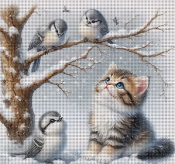 Poes met vogels borduren